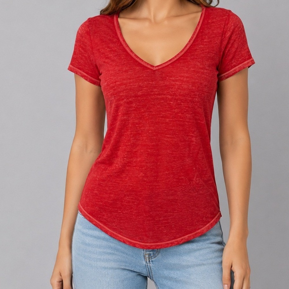 Mudd Womens T-Shirt Red V-Neck Sheer Slub Knit Curved Hem Small